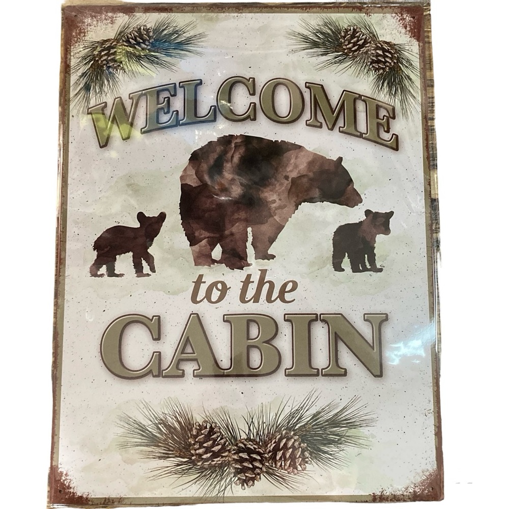 Welcome to the cabin metal wall sign with bears 16” x 12”